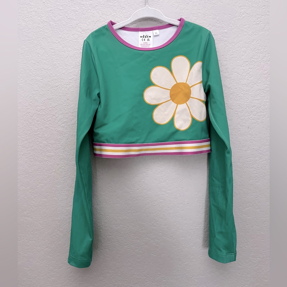 Mini Boden Girls Rashguard Swim Top Size 7-8Y Long Sleeve Floral Daisy Green
